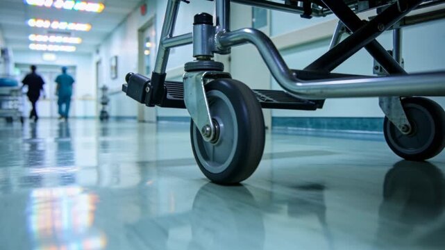 Rolling stretcher caster and metal frame moving in hospital corridor, scrubs staff walking away