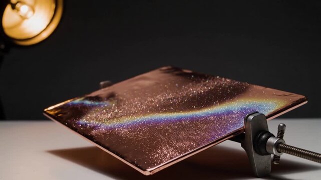 Showing tilted metal plate shifting iridescent band across tabletop from warm lamp, with clamp