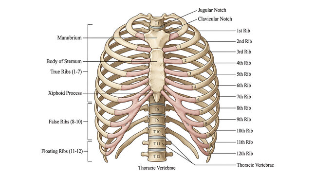 Human Rib Cage Anatomy Chart, Detailed Illustration of Skeletal Structure, Medical Diagram for Educational Purposes