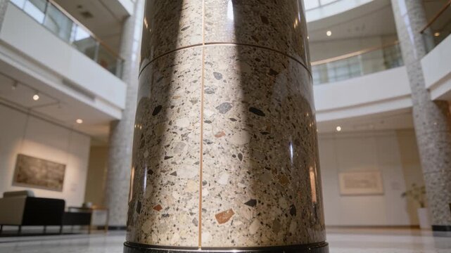 Pulling back low angle camera revealing central terrazzo column at lobby to reveal atrium interior