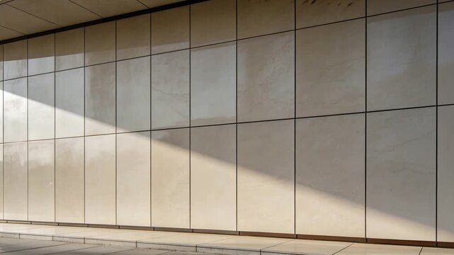 Moving slanted sunlight crossing tiled facade at plaza as sun angle changing, showing seams