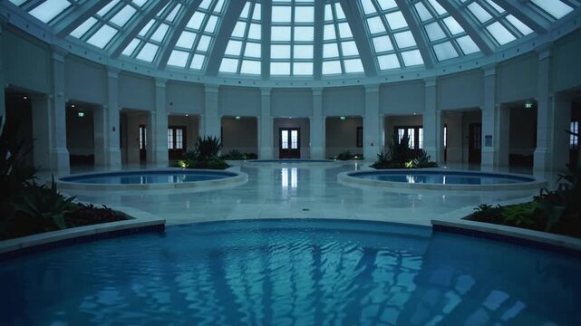 Gliding camera showing large round pool under glass dome, highlighting blue LED rim, mirroring grid