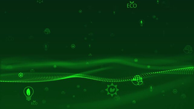 Bold dotted waves move green scene filled clean energy nature symbols. carbon reduction, recycling, solar power, environmental research, investment, organic products, Earth Day campaigns innovation.