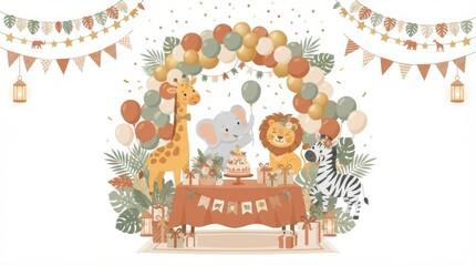 Fototapeta premium A baby shower party with animal decorations, balloons, gifts, and a cake on a table. Its a festive environment.