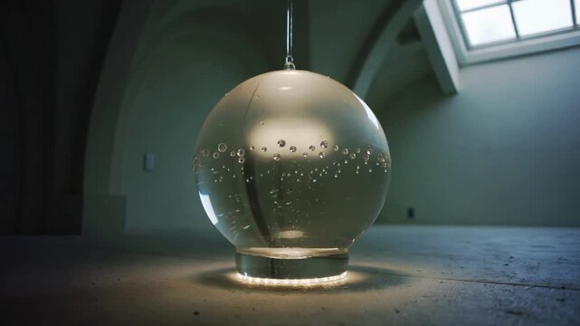 Pulling back camera revealing clear glass sphere rotating on short pedestal in loft, with warm glow