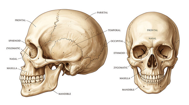 Human Skull Anatomy Chart, Detailed Illustration of Bone Structure and Labeled Features, Medical Education Resource.