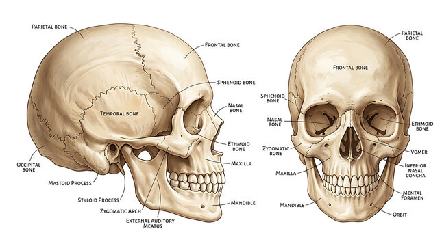Human Skull Anatomy Chart, Detailed Labeled Illustration, Medical Diagram for Education and Scientific Study