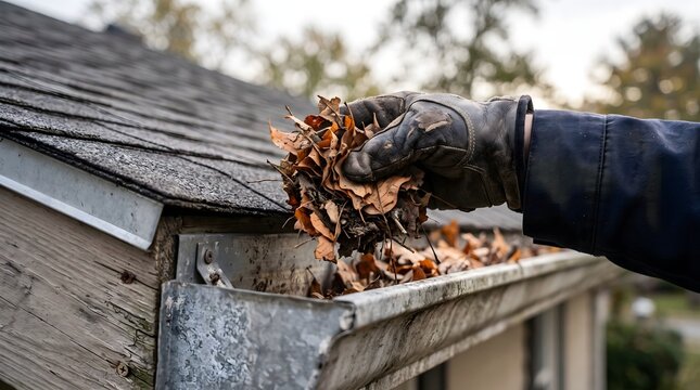 Gloved hand removes dry leaves from a residential roof gutter, illustrating wildfire preparation, ember-risk reduction and routine exterior home maintenance.