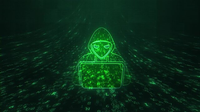 Green cybercriminal appears moving matrix numbers hacking scene. for ransomware alerts, identity theft, password security, surveillance, digital warfare, fraud reports internet safety campaigns.