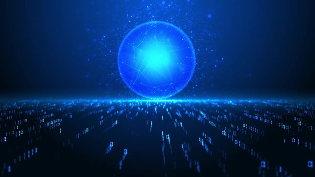 Glowing particles technology orb streams coded information across foreground. machine learning, neural networks, virtual world, data science, automation, communications, fintech cinematic interface.