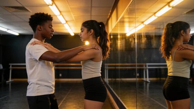 Training duo male placing hands on partner's arm checking alignment via studio mirror in dancewear