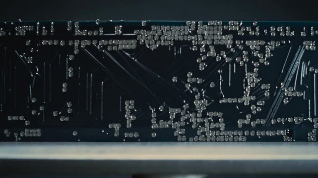 Zooming camera focusing on black panel on wheeled stand in studio, spotlight revealing solder beads