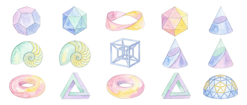 Sacred geometry watercolor shapes set including icosahedron mobius strip penrose triangle torus tesseract shell mathematical geometric icons isolated on black background for design education science