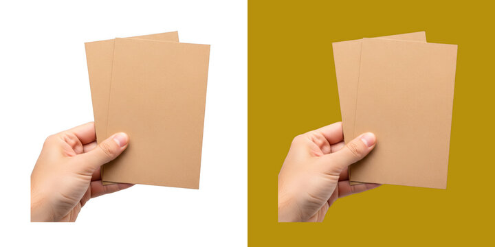 Human hand holding two blank craft paper rectangular cards transparent png
