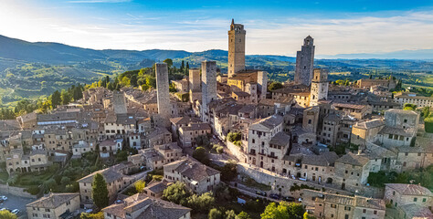 Obraz premium Aerial view of San Gimignano, a walled medieval hill town in the province of Siena, Tuscany, Italy