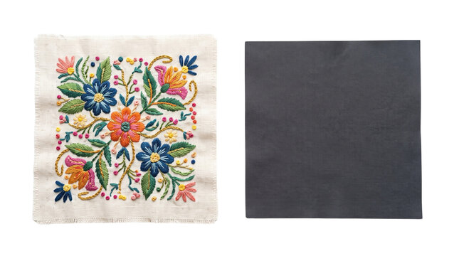 Traditional floral embroidery on linen fabric, colorful folk art needlework pattern, handcrafted textile design with vibrant flowers and leaves
