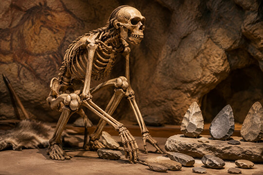 Neanderthal skeleton model in museum diorama with stone tools, human evolution concept