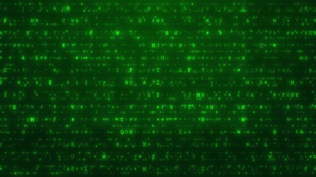 Green characters pulse electronic display distortion screen noise. cyber attacks, malware alerts, terminal graphics, software development, encrypted data, computer error, surveillance coding scene.