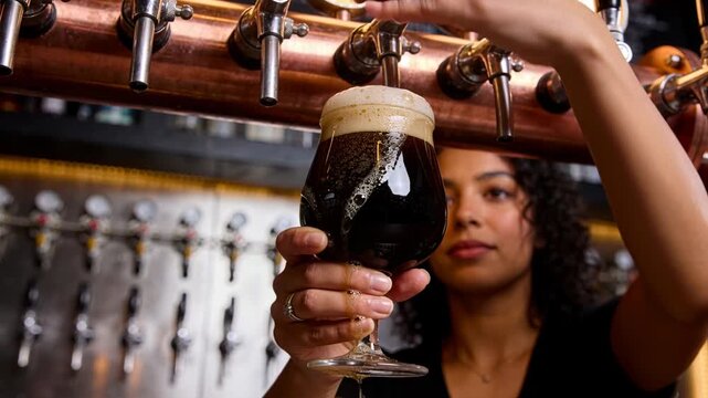Pouring bartender in black top opening copper tap at bar, filling tulip glass with dark beer