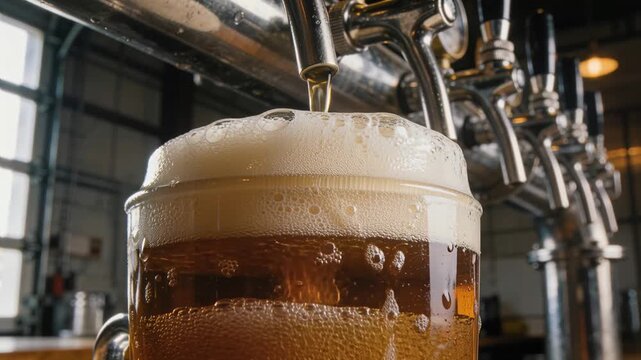 Opening tap handle, draft pouring into glass beer mug at brewery tap area, forming creamy head
