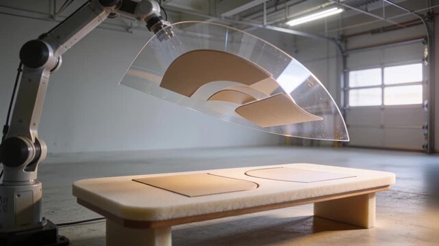 Command starting robot arm moving acrylic panel in shop on foam bench, aligning cardboard templates