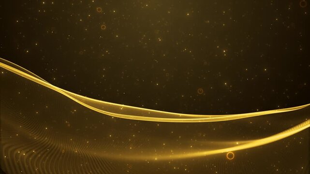 Luminous gold particle waves flow background sparkling dust circular lights fill the space. luxury branding, award ceremonies, wedding titles, festive greetings, premium advertising elegant motion