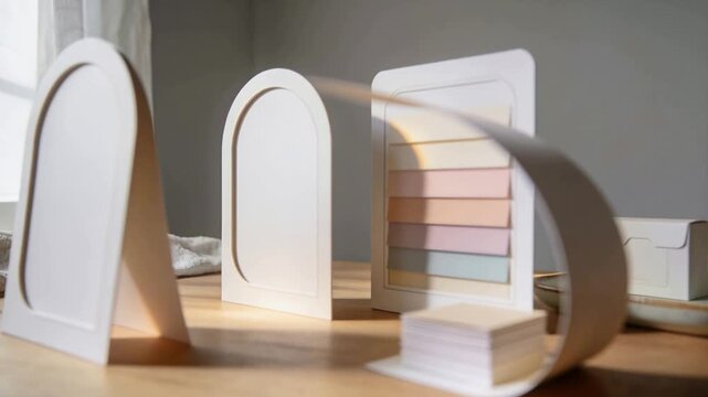 Sweeping window light illuminating arch stands on wooden table, casting shadows over pastel tabs