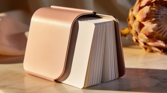 Moving camera revealing blush-pink folded notebook on marble slab, showing metal bar, protea