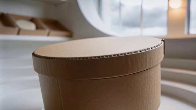 Floating cardboard box rotating above disc in studio catalog, camera pulling in showing ridged lid