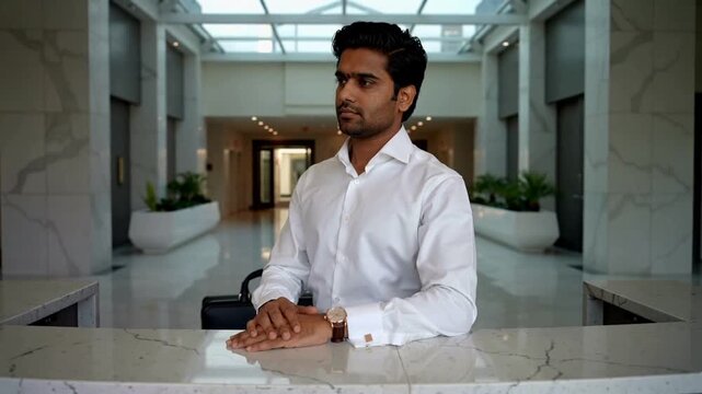 Adjusting watch and cufflinks at marble counter, businessman in white shirt preparing for meeting