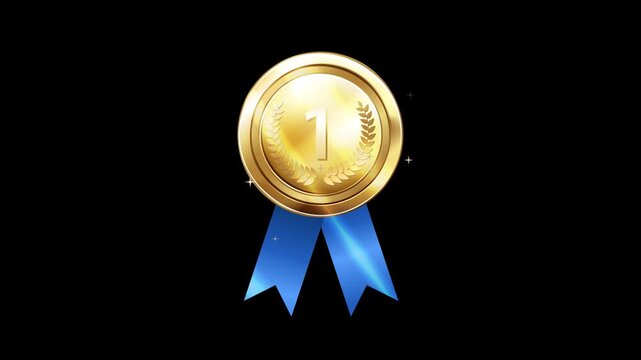 First place golden medal with blue ribbon animated on black and green screen background for sports achievement awards.