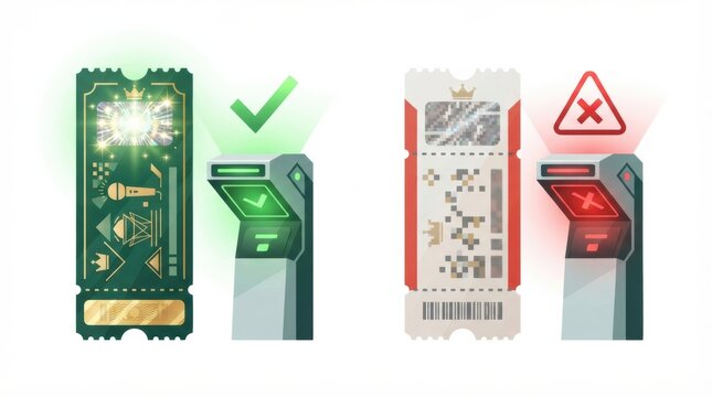 A visual showing two tickets being scanned, one with a green light indicating valid entry and the other with a red light indicating invalid entry.