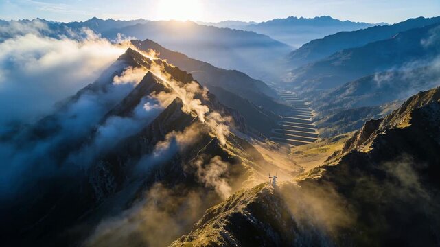 Walking hiker wearing light jacket carrying backpack climbing ridge to reach summit at sunrise