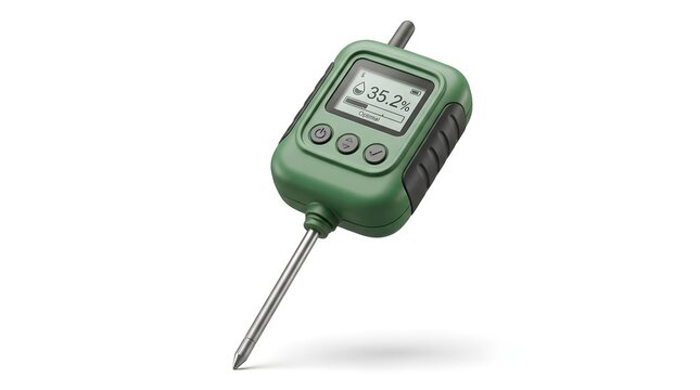 Digital soil thermometer with stainless steel probe measuring temperature in agricultural setting