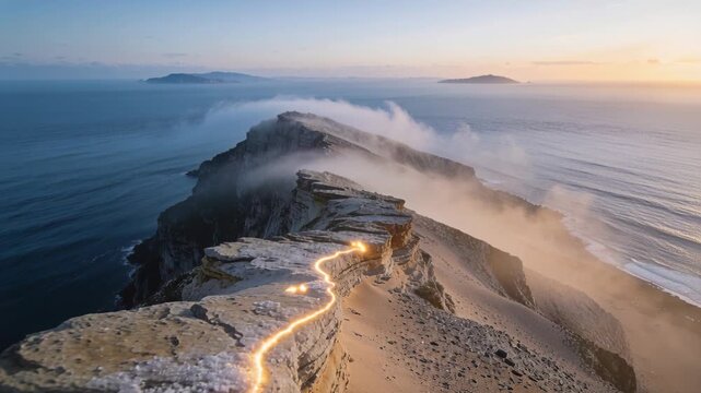 Pushing camera forward, rocky promontory revealing glowing ridge tracer at sunrise guiding eye