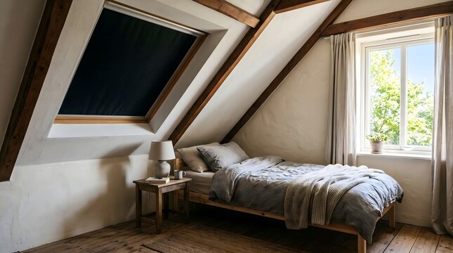 Opaque blackout blind covers a sloped roof window while daylight enters through an adjacent window, illustrating daytime sleep preparation in a compact attic bedroom.