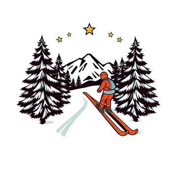 Old-fashioned ski emblem with pine trees and stars illustration, illustration, emblem
