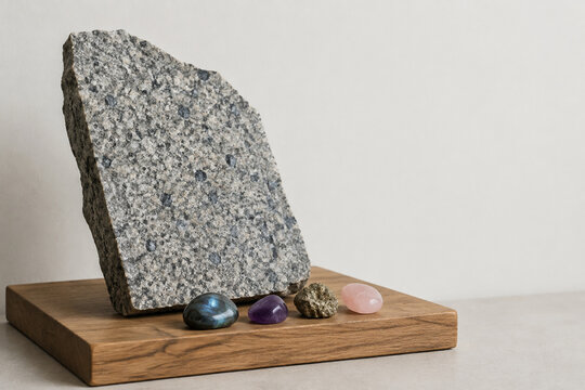 Diorite slab with polished stones on wooden plinth.