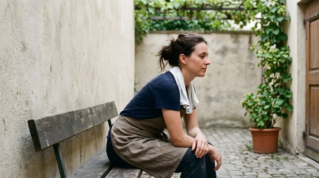 Apron-wearing food-service worker rests with a cooling towel in a shaded courtyard after hot work, illustrating heat exposure, recovery and occupational health.