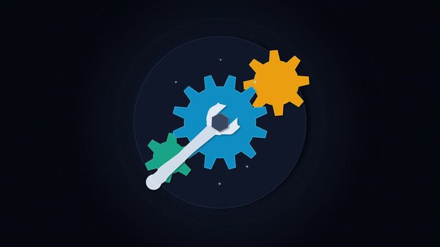 Animation of gears, wrench, and spanner tools in a circle, representing mechanics, repair, and industry concepts.