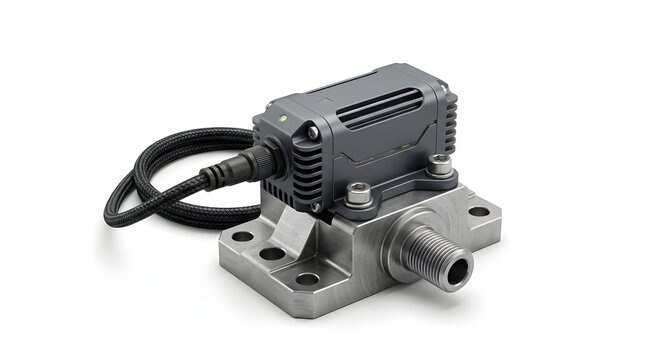 Industrial vibration sensor mounted on a metal base with a wired connector