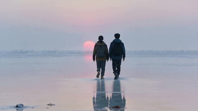 Walking two hikers in parkas carrying backpacks across wet sand, sun sinking, watching sunset