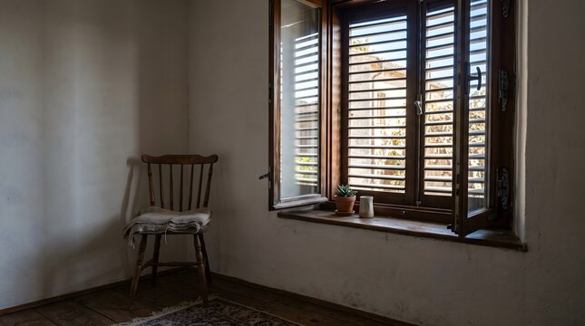 Open wooden louvered shutters allow daylight into a modest room with a simple chair, illustrating natural ventilation, daylight control and passive home comfort.