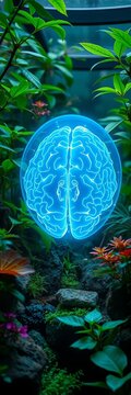 Ethereal blue brain hologram floats amidst lush greenery in a serene terrarium, green, moss