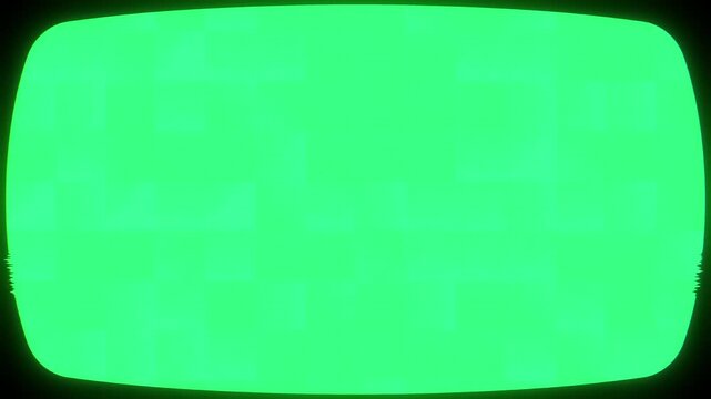 Blank neon green appears old CRT monitor rounded corners analog interference edges. chroma key editing, television inserts, retro media, film effects, music videos, presentations commercial content.