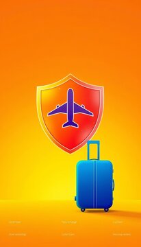 Digital shield icon with airplane symbol and modern travel bag silhouette, conveying reliable protection on a journey, secure, digital shield