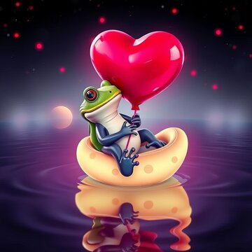 Amorous amphibian floats heart-shaped balloon, whimsical, love