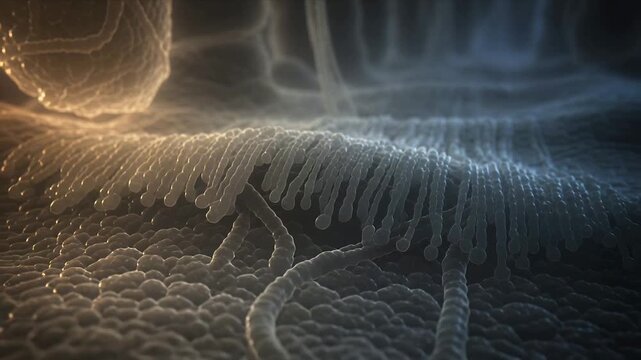 Elongating filaments feeding from columns, beaded ribbons bridging bumpy substrate, making ridges