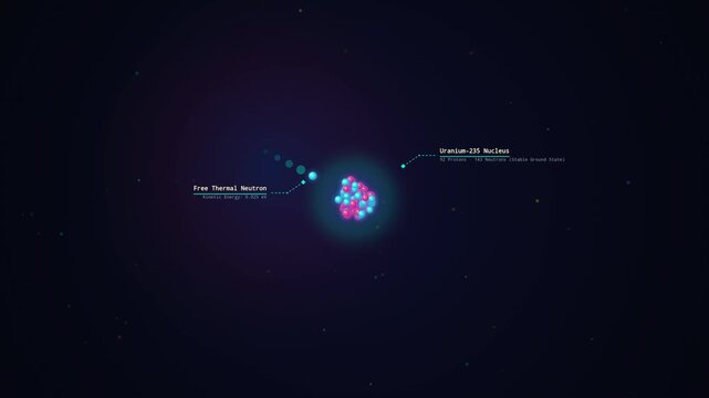 3D animation showing a nuclear fission chain reaction of Uranium-235, including thermal neutron collision, compound state elongation, splitting into Barium and Krypton, and prompt neutron ejection