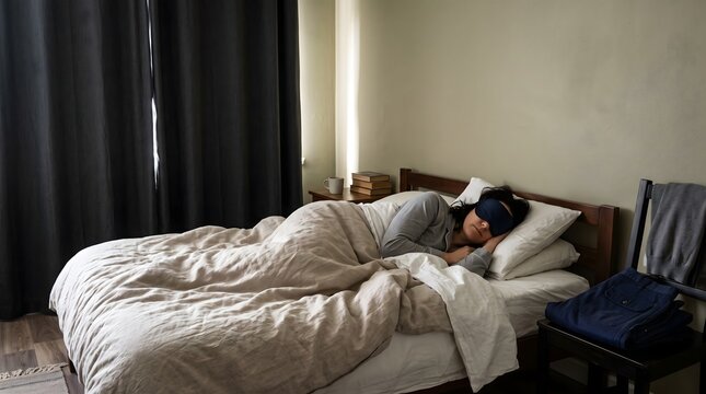 Adult rests in bed with a sleep mask and dark curtains while daylight enters from the window, suited to shift-work recovery and occupational sleep content.